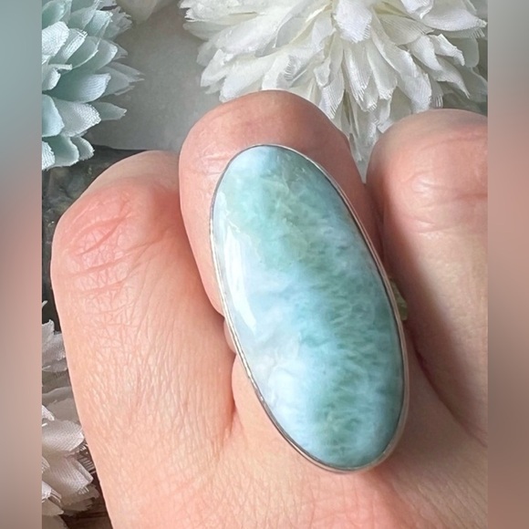 Jewelry - Chunky Long Larimar Ring Size 7.5 Vintage Style 925 Sterling Silver Handmade New
